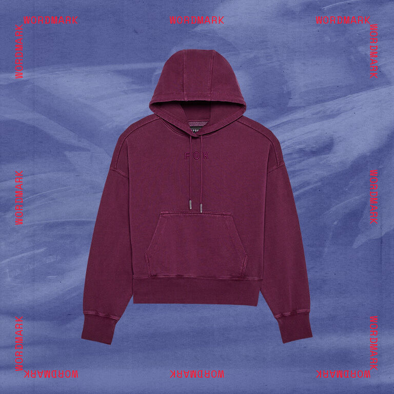 Fox hoodie with stylized text calling out wordmark collection