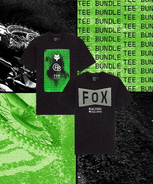 Two black Fox tees over checkered background with text that says "tee bundle"
