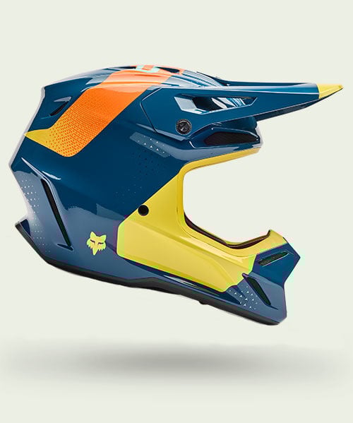 Blue, yellow, and orange V3 moto helmet