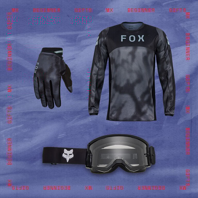 moto jersey, glove, and goggle with stylized text calling out mx beginner gifts