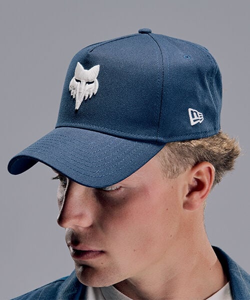 Image of model wearing blue Fox hat