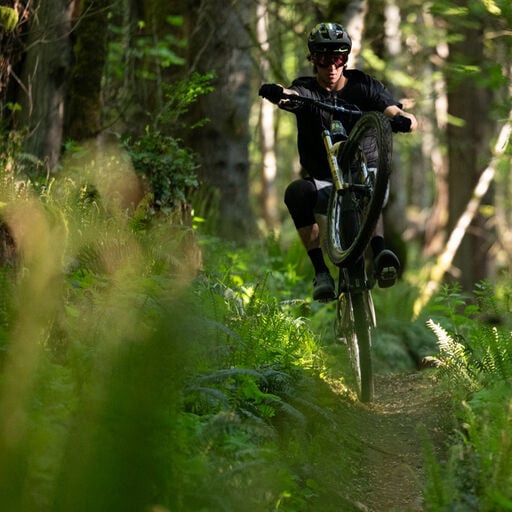 Man doing a wheelie on a MTB bike in the forest