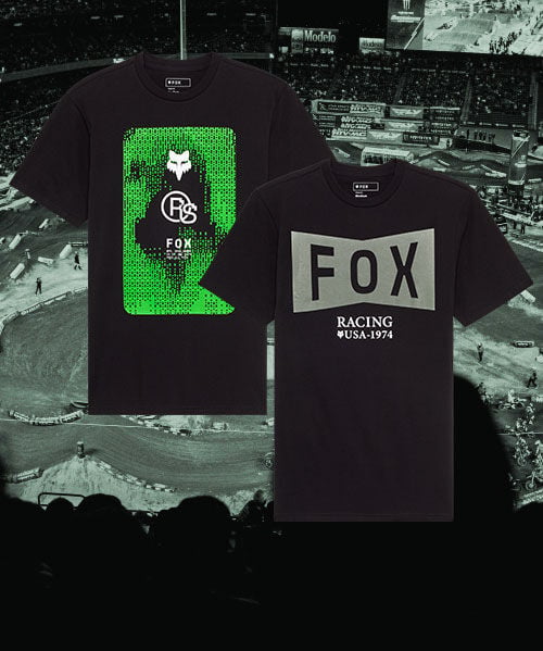 Two black Fox tees over an MX background