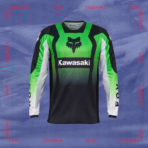 kawasaki moto jersey with stylized text calling out kawasaki gear