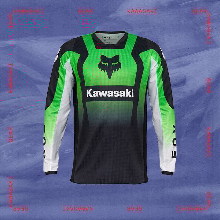 kawasaki moto jersey with stylized text calling out kawasaki gear
