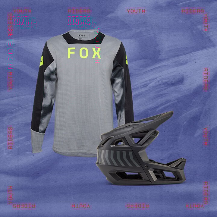 mtb jersey and helmet with stylized text calling out gifts for young riders