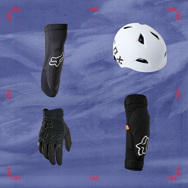 mtb guard, helmet, and glove with stylized text calling out bmx gifts