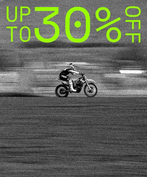Rider with green text "up to 30% off"