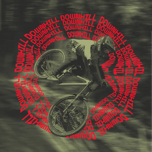 downhill mtb rider with stylized text calling out downhill gifts