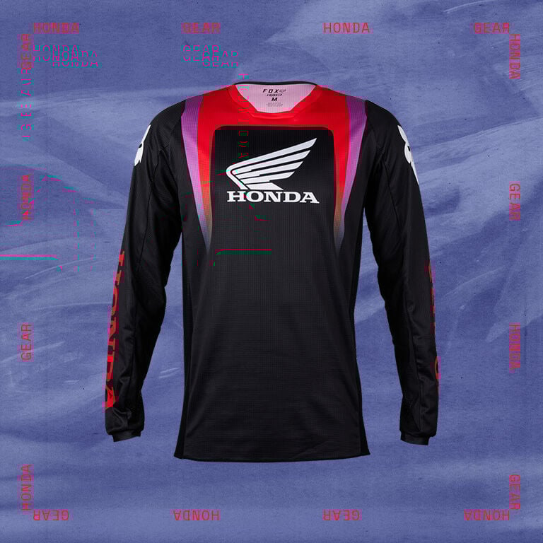 honda moto jersey with stylized text calling out honda gear