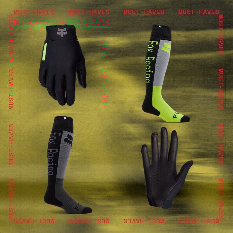 moto glove, socks, and mtb gloves with stylized text calling out must have gifts