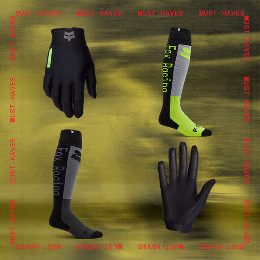 moto glove, socks, and mtb gloves with stylized text calling out must have gifts